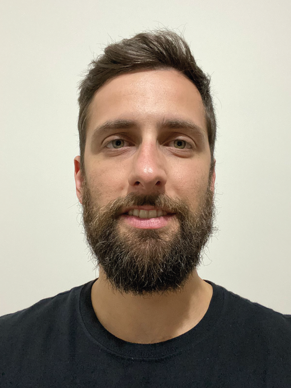 Male, white, short brown hair, beard and black T-shirt